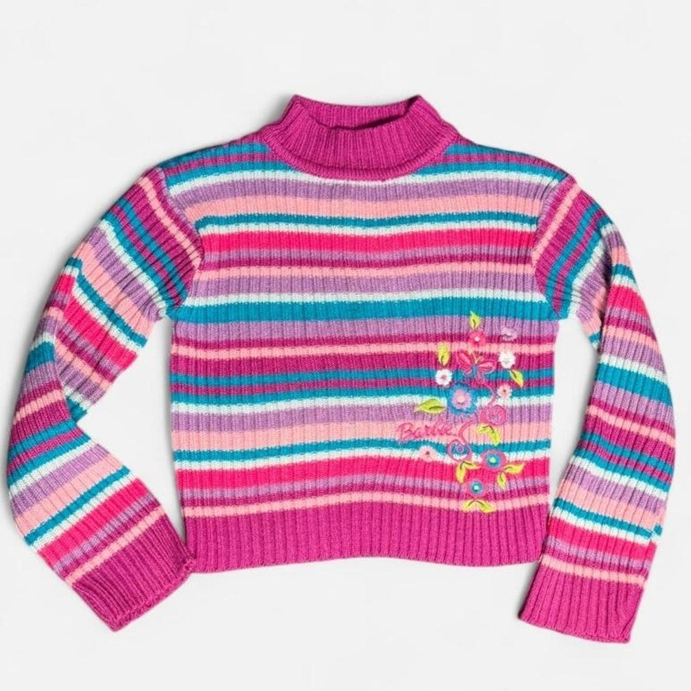 Barbie Striped Mock Neck Sweater Girls 6/6X Pink Purple Floral Embroidery Y2K
